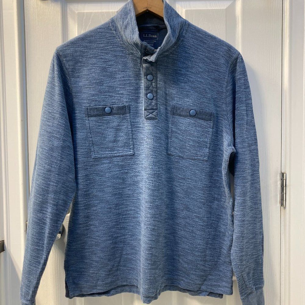 L.L. Bean Pull Over Cotton Sweater Mid Blue / Grey Snap T Pocket Size Large Reg